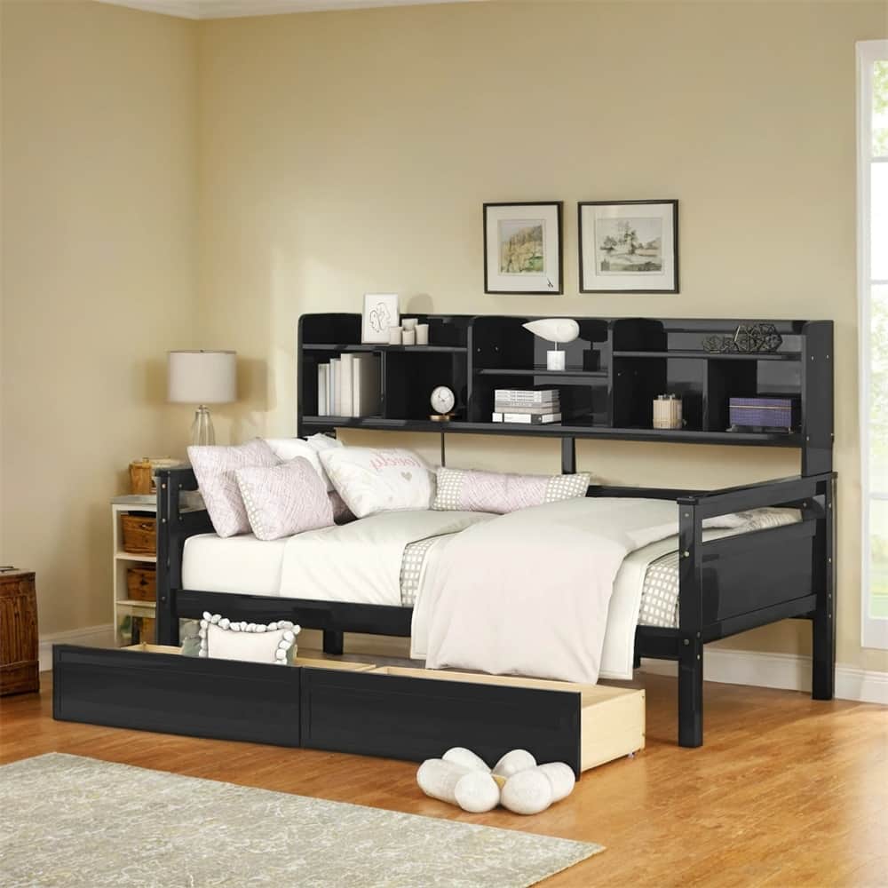 Twin size Daybed,Wood Slat Support,w/Bedside Shelves and Two Drawers