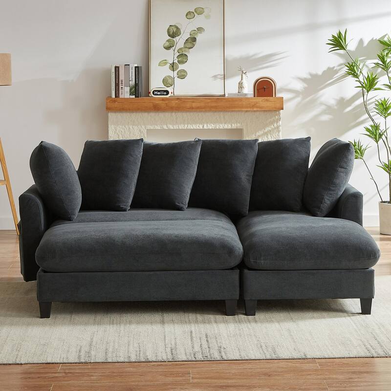 Chenille Sectional Sofa L-shaped Sofa with Movable Ottoman, Upholstered Sectional Sofa with 6 Throw Pillows, Bottom storage