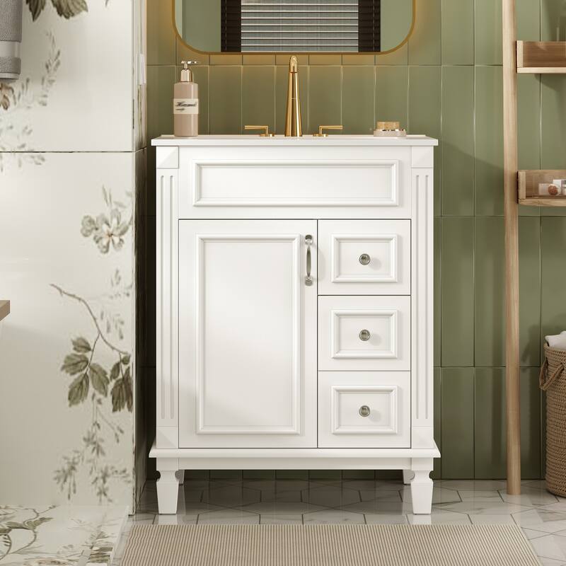 24" Bathroom Vanity with Ceramic Sink Bathroom Storage Cabinet with 2 Drawers and Adjustable Shelf - White