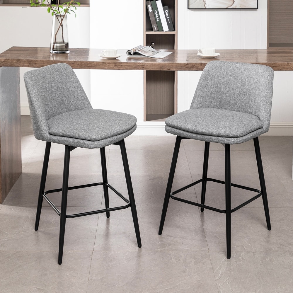 Linen Upholstered Swivel Barstools Counter Height Chairs with 360° Swivel Seat, Curved Back and Metal Legs, Set of 2