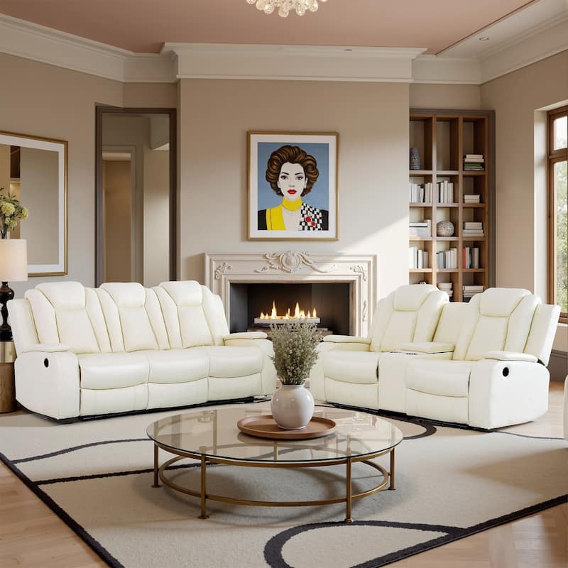 Modern 3-Piece Leather Recliner Sofa Set with LED, Wireless Charging