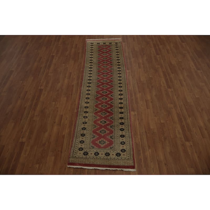 Hand Knotted Oriental 100% Wool Carpet Traditional Geometric Pink Bokhara Runner Rug - 9' 9'' X 2' 8''