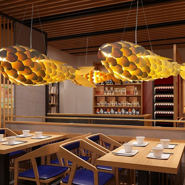 Fliptrade Large Fish Shape Ceiling Lamp Creative Solid Wood Carp Restaurant Home 23.6 inchx19 inchx9.8 inch Size 23.6 x 19 x 9.8 Brown HPY255E