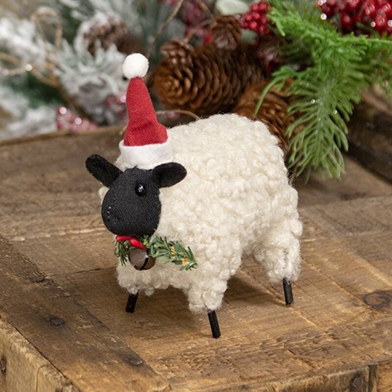 Stuffed Standing Primitive Santa Hat Sheep Christmas Decoration - 5" x 4" x 7.50"