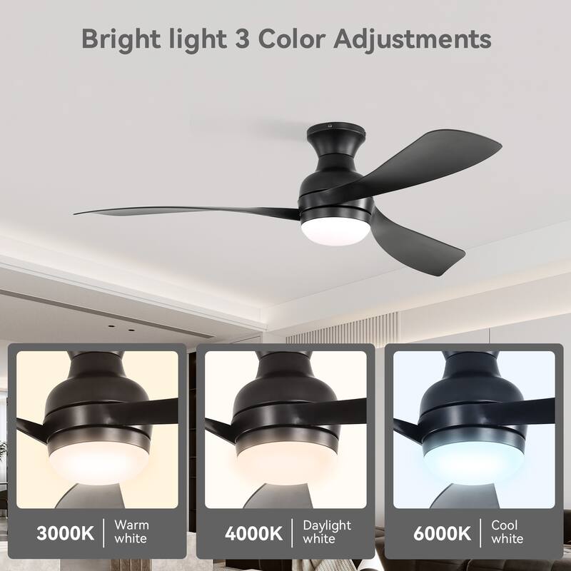 52-Inch Fulsh Mount Ceiling Fan With Light, Timer Setting - Black