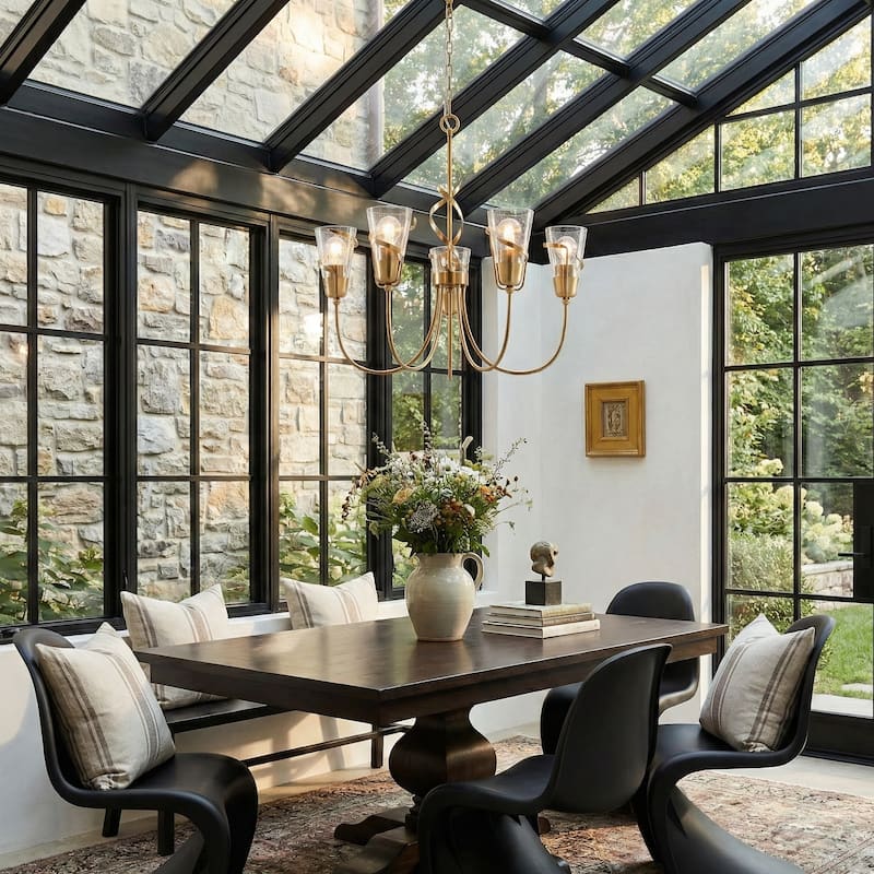 26" French Country Gold Seeded Glass 5-Light Dimmable Chandelier for Dinning Room