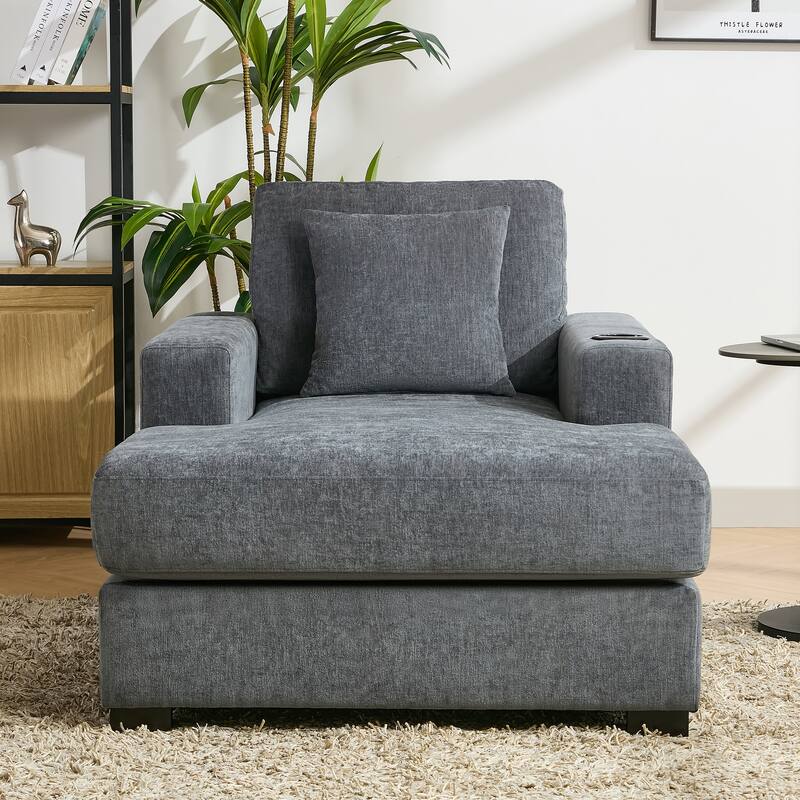 Modern Style Chaise Lounger Sofa Couch ,with Pillows, Charge Station & Cup Holders