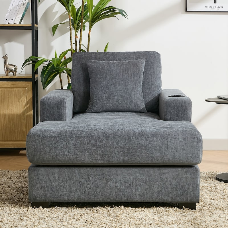 Oversized Chaise Lounger Modern Sofa Couch with Pillows, Charge Station & Cup Holders