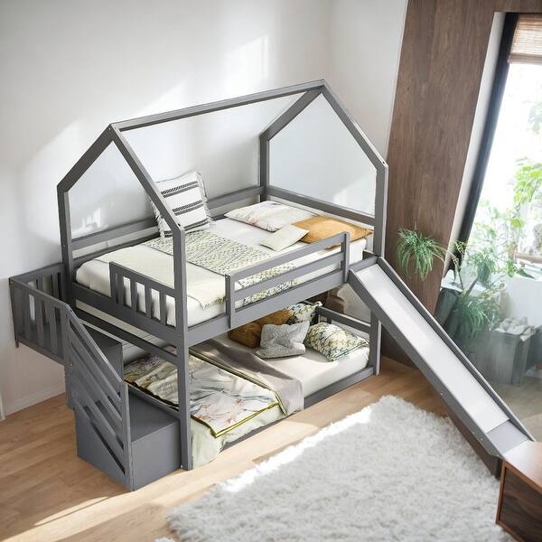slide 2 of 34, Modern Design Twin over Twin House Bunk Bed with Convertible Slide, Storage Staircase can be Placed Left or Right Grey