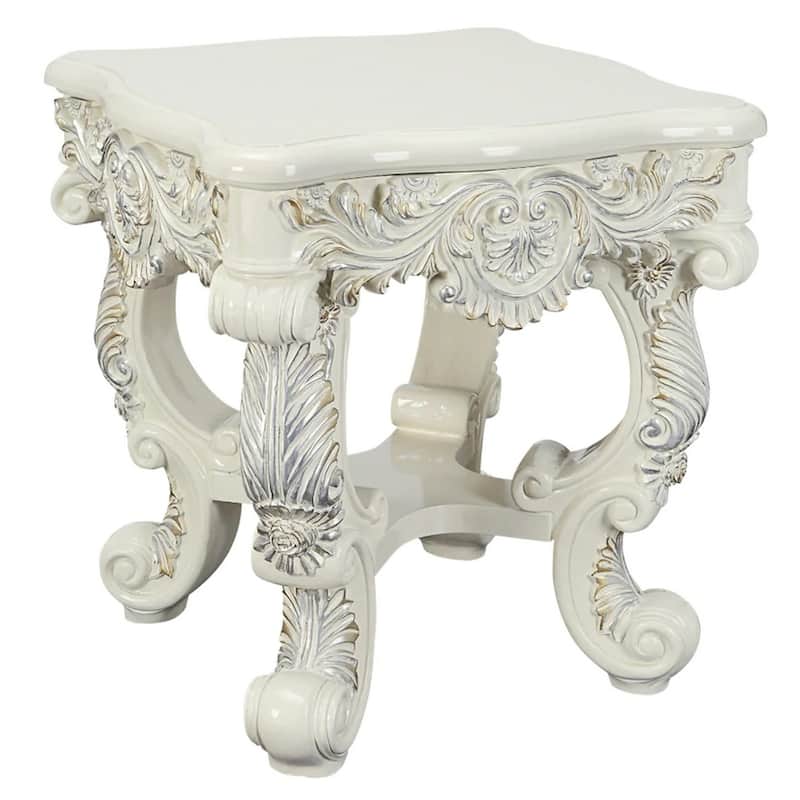 Ataa 28 Inch Square End Table, Ornate Floral Carvings, Claw Feet, White