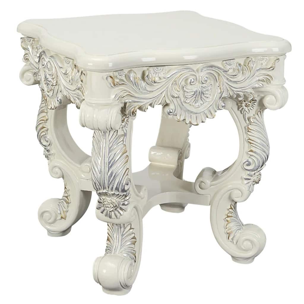 Ataa 28 Inch Square End Table, Ornate Floral Carvings, Claw Feet, White