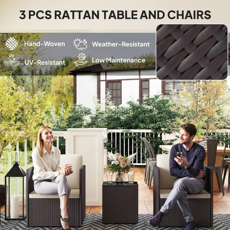 Folding Wicker Bistro 3-Piece Outdoor Set with Cushions and Glass Top