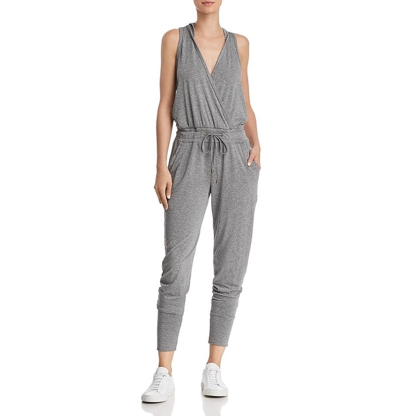 Splendid Women's Marled Surplice Hooded Sleeveless Activewear Jumpsuit - Black Marled
