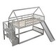 preview thumbnail 9 of 25, Wooden Modern Twin over Twin House Bunk Bed with Slide and Storage Staircase, Featuring a pitched roof and wall section.