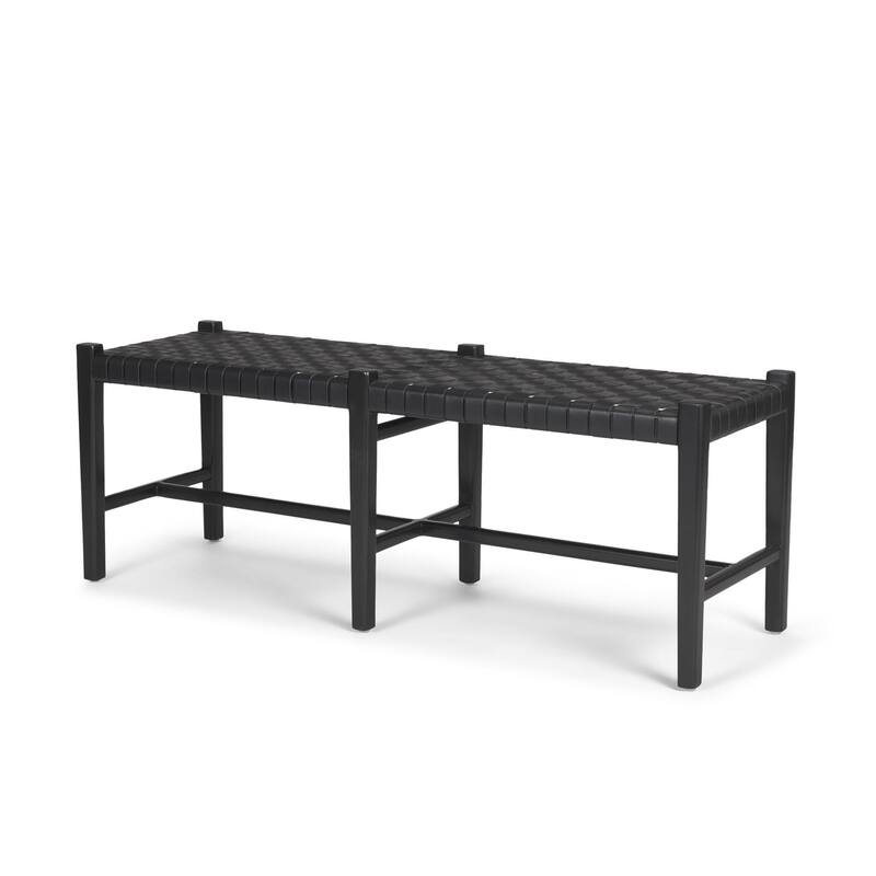 Shane Black Wood w/ Woven Black Leather Bench - 52.0L x 16.5W x 18.8H