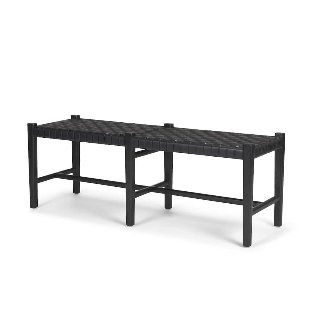 Shane Black Wood w/ Woven Black Leather Bench - 52.0L x 16.5W x 18.8H