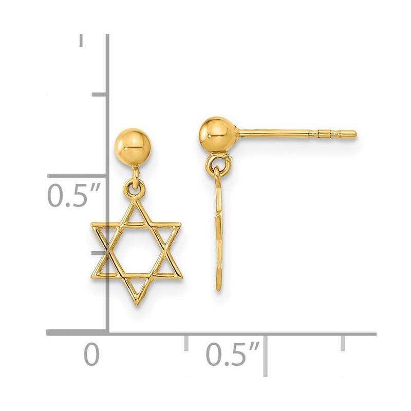 Curata 14k Yellow Gold 13.75x7.5mm Star of David Post Drop Dangle Earrings