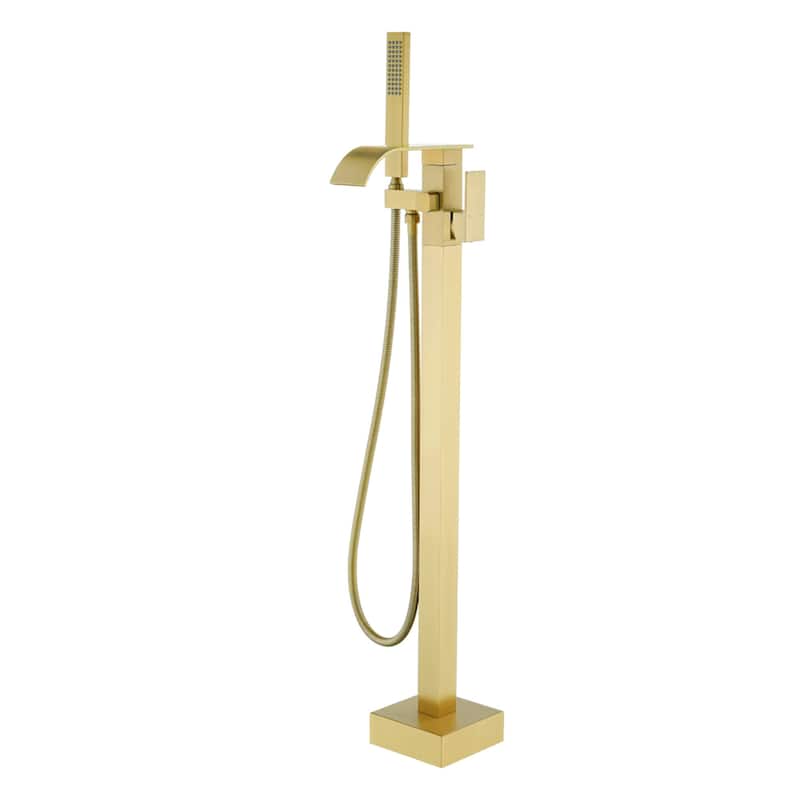 Floor Mount Tub Faucet With Hand Sprayer Freestanding Roman Bathtub Faucet Modern Waterfall Tub Filler Trim With Handheld Showe - Brushed Gold
