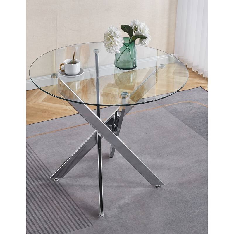 Dining Table with cross metal leg and tempered glass,Modern Space Saving Kitchen Table for Living Room,chrome legs - Chrome - Chrome
