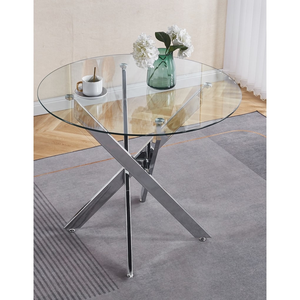 Dining Table with cross metal leg and tempered glass,Modern Space Saving Kitchen Table for Living Room,chrome legs - Chrome