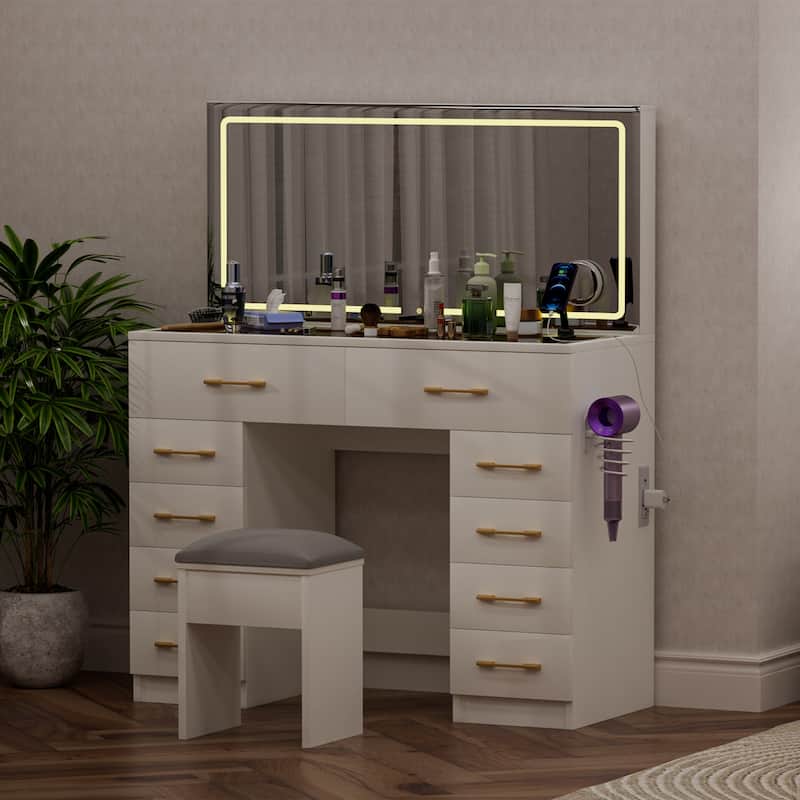 46"Glass Top Vanity Desk with 10 Drawers Makeup Vanity with Mirror and Stool,3 Lighting Modes Dressing Table,Silent Slides