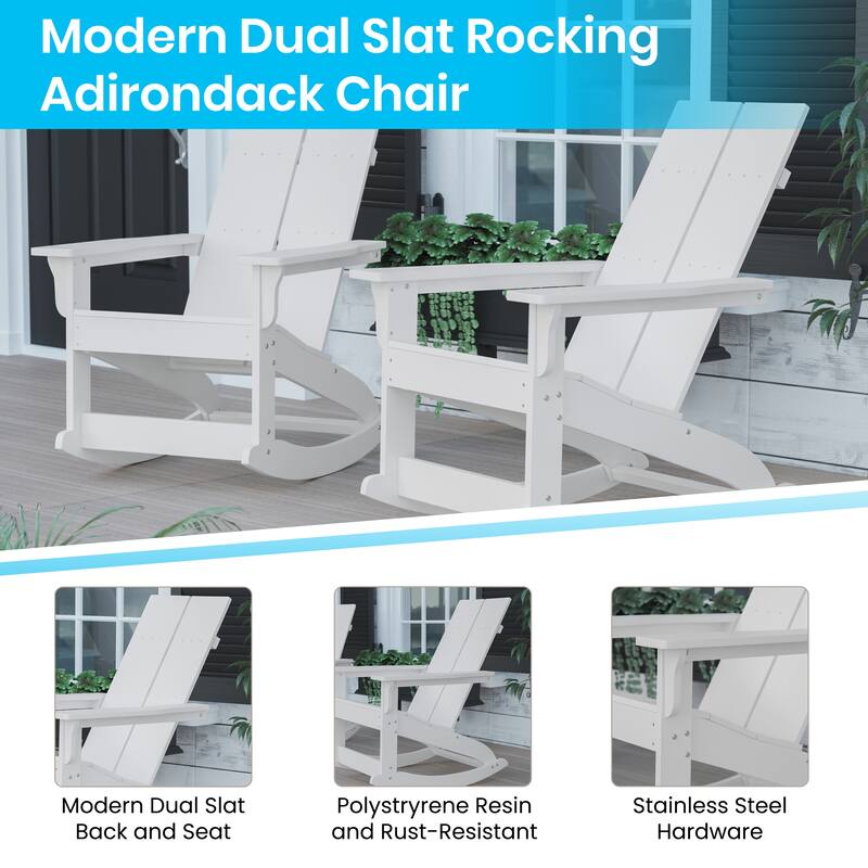 2 Modern Dual Slat Poly Resin Adirondack Rocking Chairs with Side Table