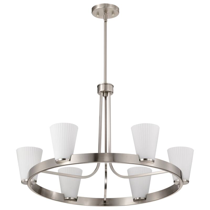 Royale 6 Light Chandelier Brushed Nickel Finish Ribbed White Glass - Brushed Nickel