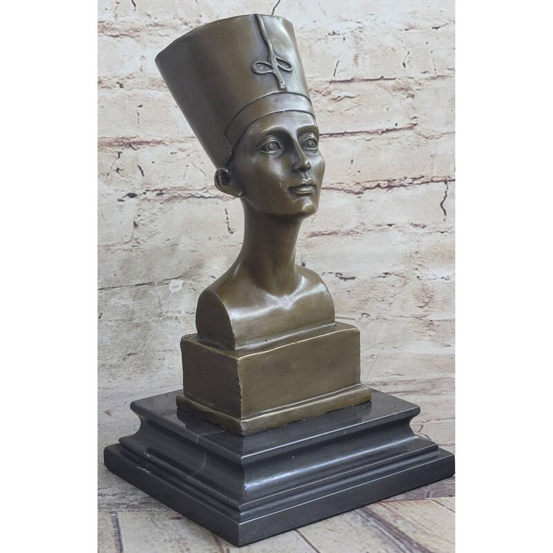 Egyptian Queen Nefertiti Bronze Bust Statue Sculpture Figure On Marble Base 10 Inchesx 5 Inches