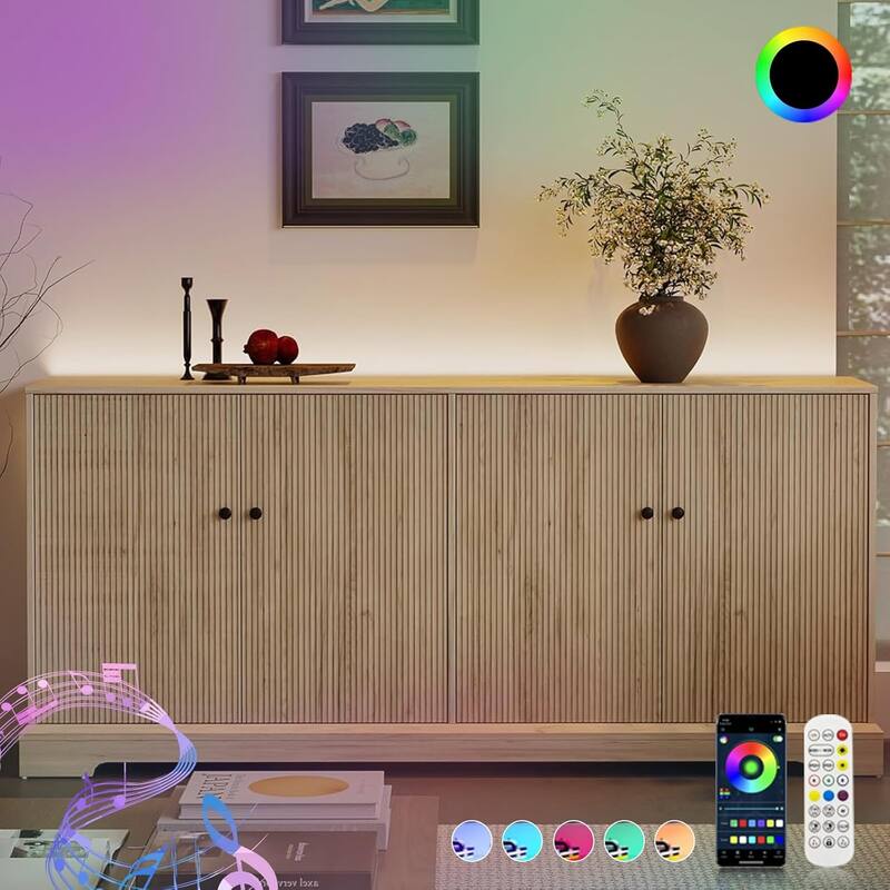 Mid-Century TV Stand Sideboard Cabinet with 4 Fluted Doors Storage & LED Light