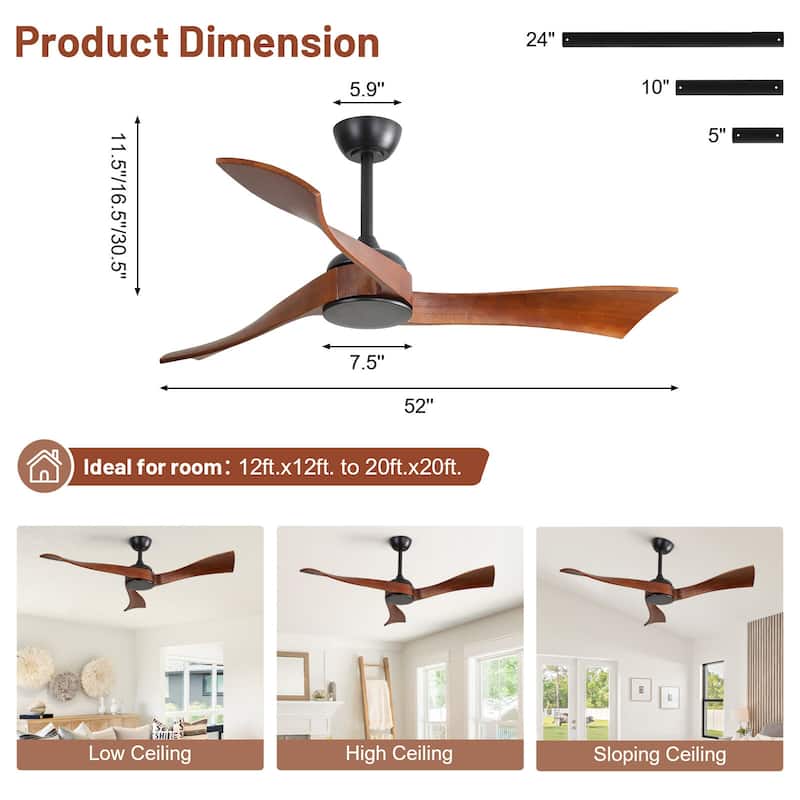 Sofucor 52 Inch Farmhouse Indoor&Outdoor Ceiling Fan with Remote,LED Light Optional