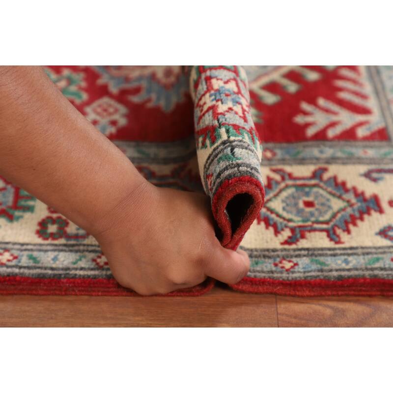 Geometric Red Kazak Accent Rug Hand-Knotted Bedroom Wool Carpet - 2'9" x 3'10"