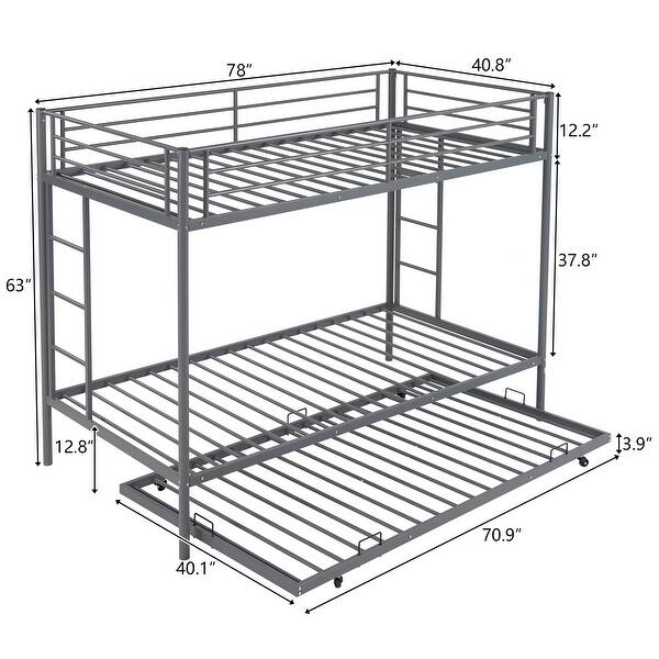 dimension image slide 0 of 3, Twin Over Twin Bunk Bed with Trundle, Metal Bunk Bed with Two Side Ladder and Guardrails
