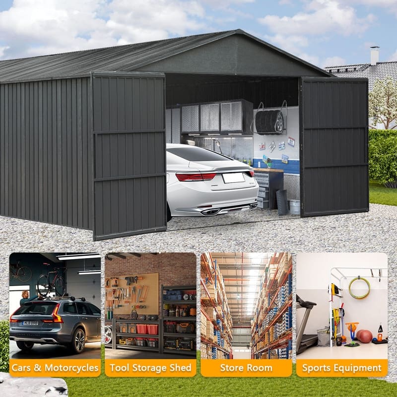 Domi 12x15FT Outdoor Metal Garage Shed,Extra Large Metal Carport with Lockable Double Doors,Heavy Duty Car Shelter,Dark Grey