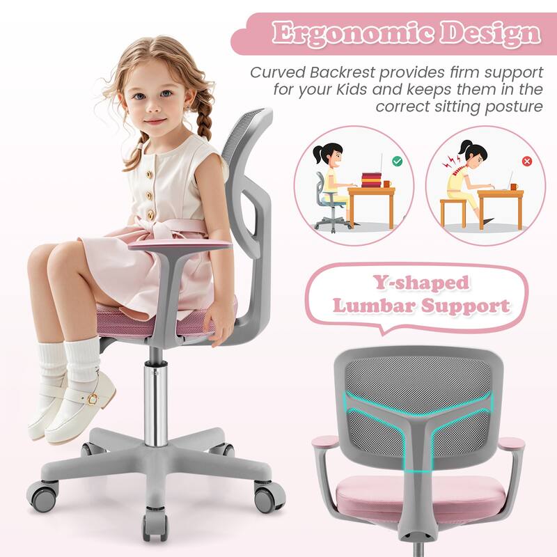 Kids Ergonomic Adjustable Height Study Chair with Swivel Seat and Mesh Backrest and Armrests