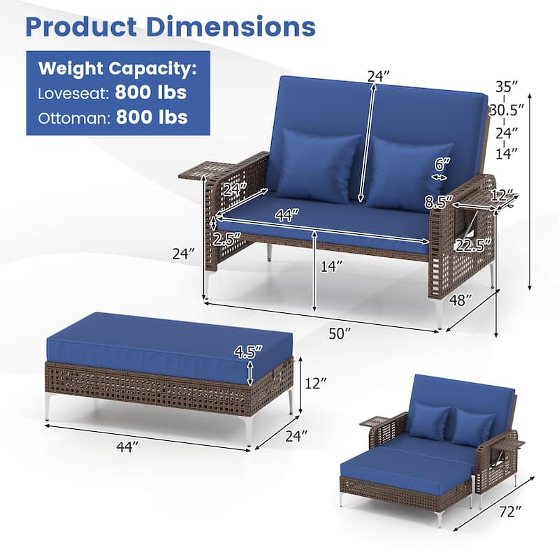 2 Piece Mix Brown Rattan Outdoor Daybed Loveseat and Ottoman Set with Adjustable Backrest - 50” x 48” x 35”