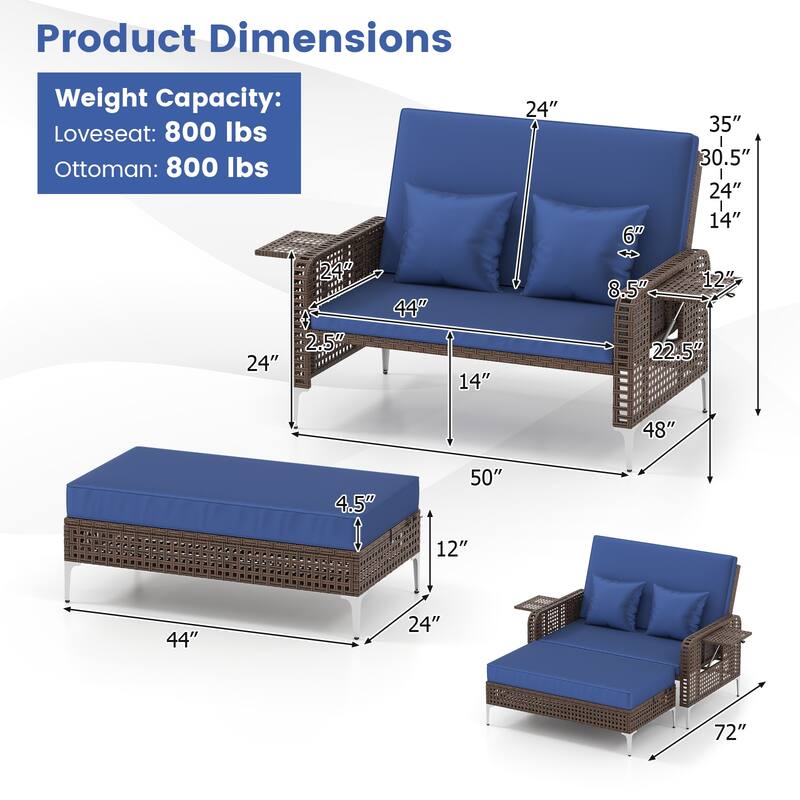 Gymax 2PCS Wicker Loveseat & Storage Ottoman w/ 4-Level Backrest &