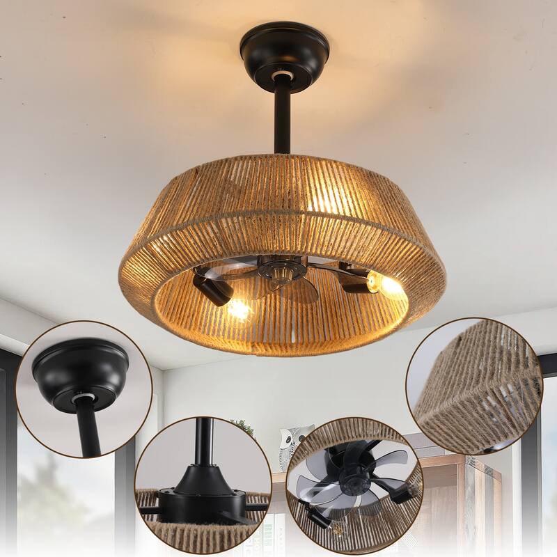 19" Bedroom Fan Light with Rope Suspension with 4 Bulbs, Dimmable, 7 Dlades, Reversible DC Motor