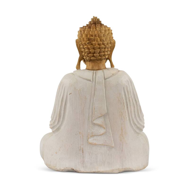 Wood Buddha Statue Hand Carved Whitewashed Dhyana Mudra Sculpture, Zen Meditation Decor