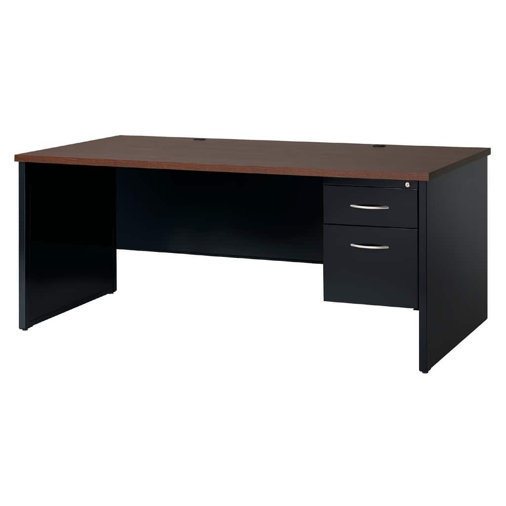 Hirsh Executive Office Modular Right-Hand Single Pedestal File Office Desk, with Arch Pull, 36" D x 72" W, Black / Walnut