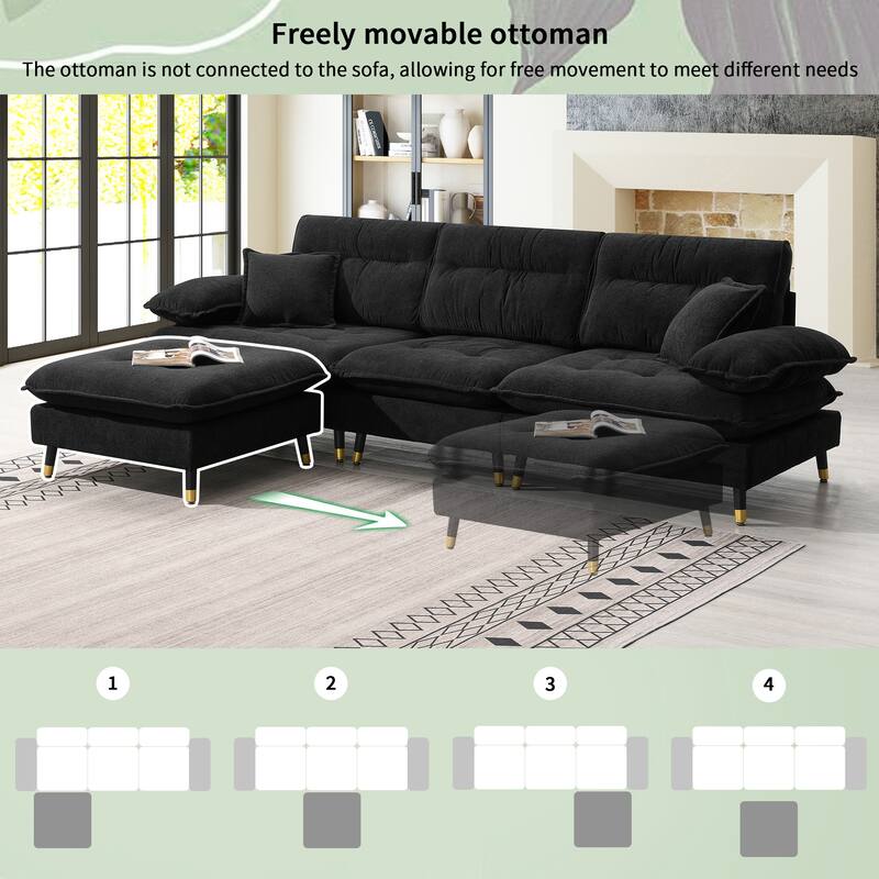106" L-Shaped 4 Seater Convertible Sectional Sofa with Movable Ottoman, Adjustable Two-Tone Legs for Living Room