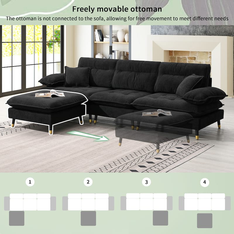 L Shaped Convertible Sectional Sofa,4 Seat Tufted Couch Set With Two-Tone Adjust Legs,Cloud Chenille Fabric,Movable Ottoman