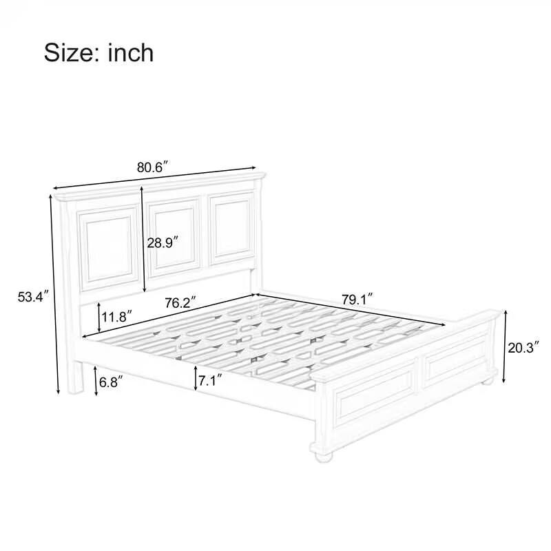 King Size Platform Bed White Frame Slat Bed Pinewood Frame Wingback Bed with Line Accent Headboard and Footboard
