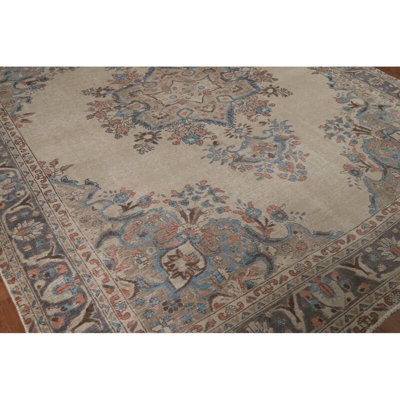 Floral Beige Tabriz Persian Area Rug Handmade Wool Carpet - 8'1"x 10'7"