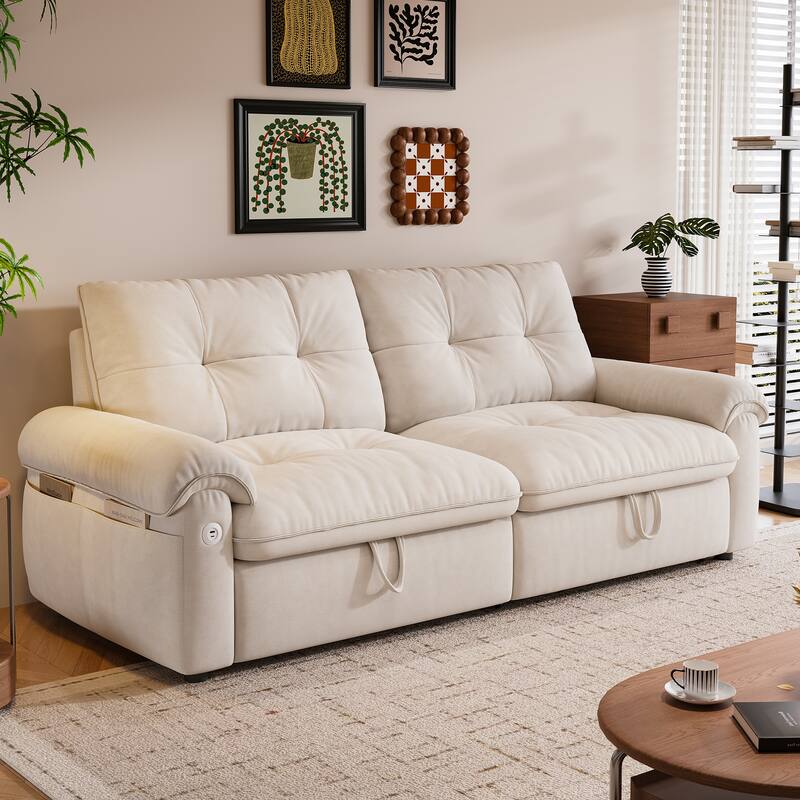 2-in-1 Velvet Pull Out Sleeper Sofa Bed Convertible Loveseat Couch for Sitting, Napping or Sleeping with Side Pockets and USB - Beige