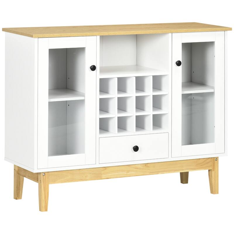 HOMCOM Glass Door Kitchen Sideboard, Buffet Cabinet with 12-Bottle Wine Rack, Drawer and Shelves, Coffee Bar Cabinet