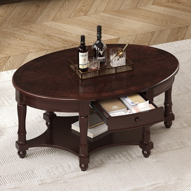 Vintage 45" Oval Coffee Table with Drawer and Storage Shelf, Elegant French Country Living Room Accent Table - Walnut