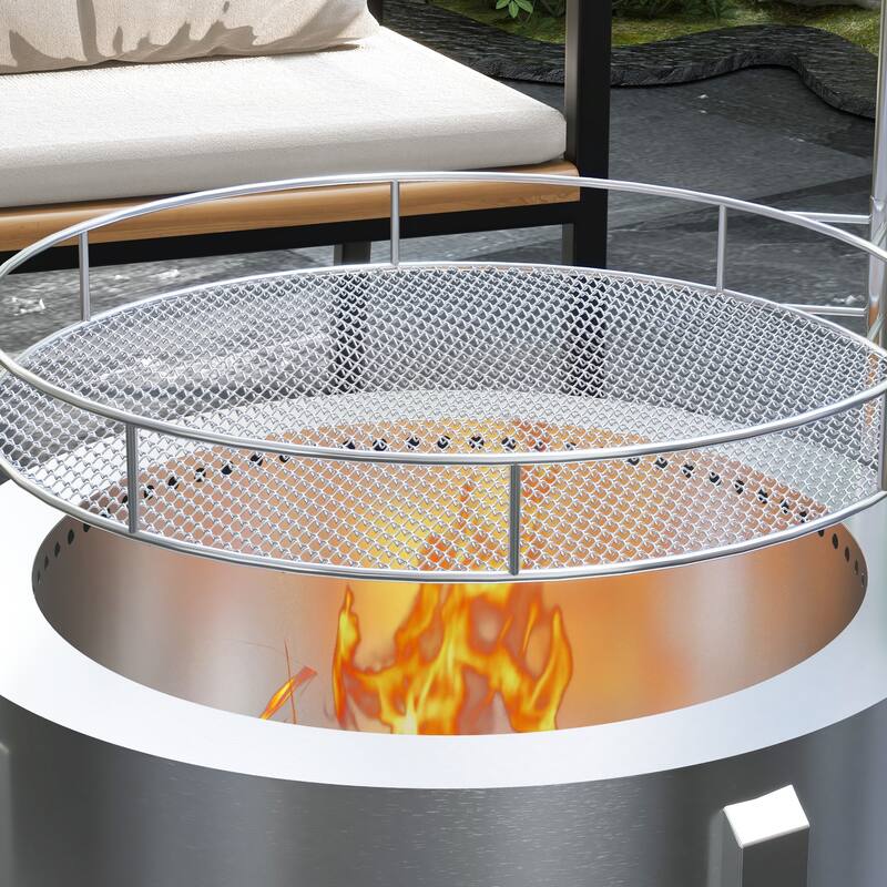 Smokeless Fire Pit BBQ Grill, Portable Wood Burning Firepit with Cooking Grate and Poker, for Backyard Patio Picnic, Silver