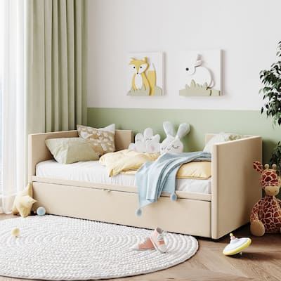 Beige Upholstered Twin Size Daybed with Pop Up Trundle, Multi-Functional Design