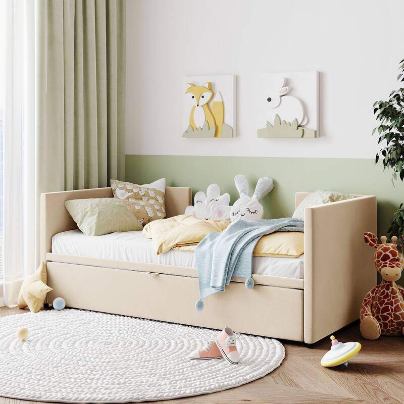 Velvet Upholstered Twin Daybed with Pop-Up Trundle, Expandable to King Size, No Box Spring Needed - Beige - Twin
