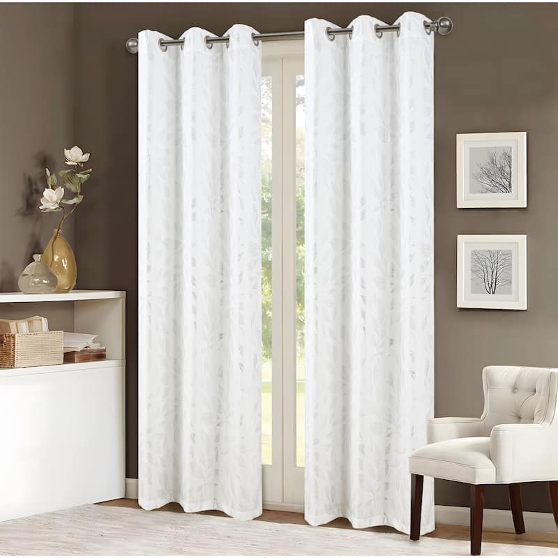 Bexley Foil Print Leaves Window Curtain Set - White/Silver